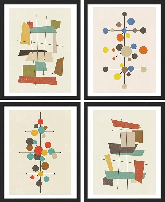 SIGNWIN Framed Mid-Century Modern 1960s Vintage Nordic Polygons Wall Art, Set of 4 Abstract Geometric Wall Decor Prints, Nature Wilderness Wall Décor for Living Room, Bedroom - 12"x16" Black