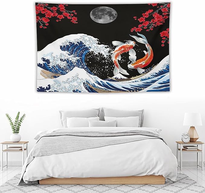 Houselerax Japanese Koi Fish Tapestry, Yin Yang Big Wave Red Cherry Blossom Tapestries Wall Hanging for Bedroom Living Room Office Decor 60"x40"
