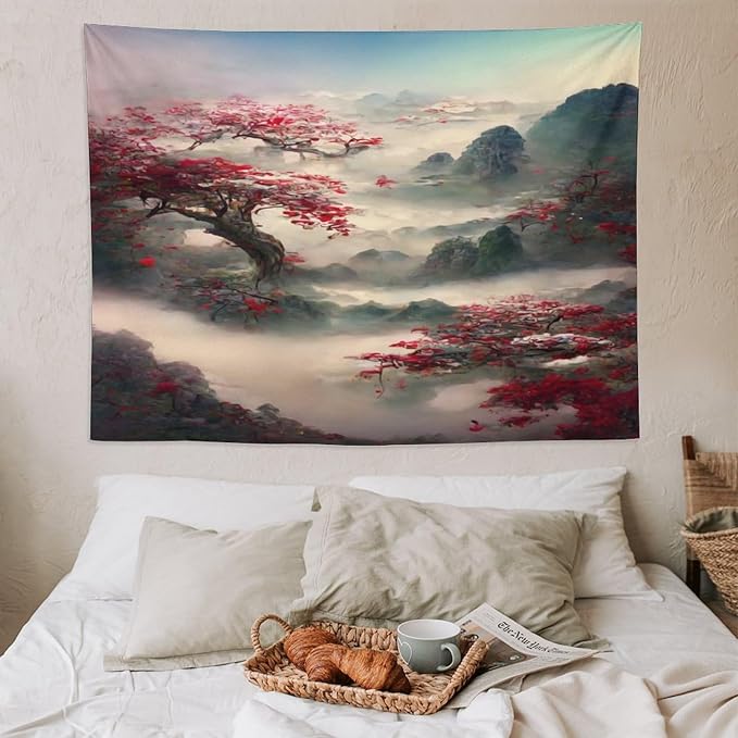 Japanese Tapestry, Red Plum Cherry Blossom Mountain, Nature Landscape, Bedroom & Living Room Decor, 80"x60"