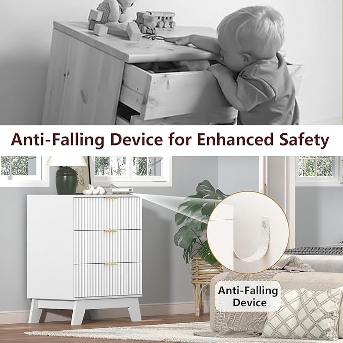 Fluted Dresser for Bedroom,3 Drawer Dresser for Closet,Storage Cabinet and Chest of Drawers with Gold Handle,TV Stand,Storage Organizer for Living Room,Hallway,Entryway,White