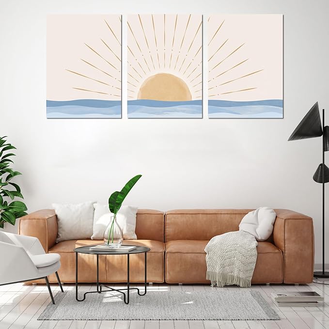 Boho Minimalist Wall Art Set of 3, Framed Canvas Prints - Geometric Line Sunrise Designs, Modern Neutral Wall Art for Living Room, Bedroom, Bathroom, Office, Hotel