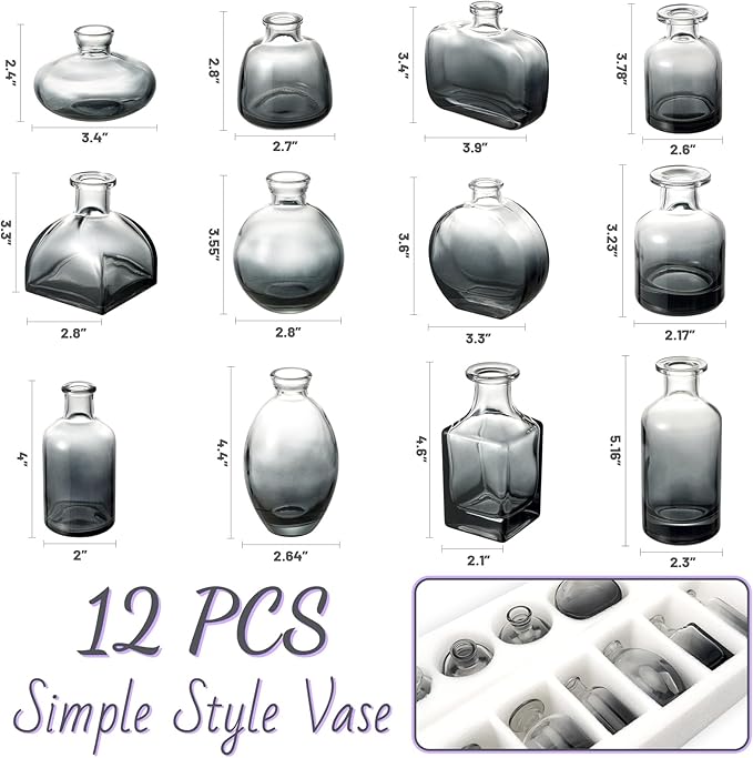 Bud Vases Set of 12, Black Clear Glass Bud Vases, Small Vases for Centerpiece Modern Flower Vases in Bulk, Mini Glass Vase for Wedding Centerpieces, Party Table Decor, Home Déco