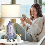 26" Coastal Glass Table Lamps Set of 2 for Living Room, 3 Way Touch Bedside Lamp for Bedroom, Nautical Beachy Lamp with USB A+C Ports and AC Outlet for Nightstand, 2 LED Bulbs Included