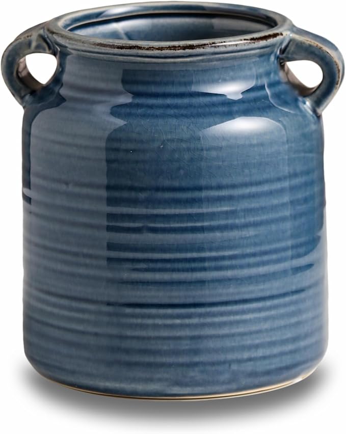 Ceramic Rustic Distressed Blue Flower Vase for Centerpieces, Kitchen, Office or Living Room (5.9''x6.3'')