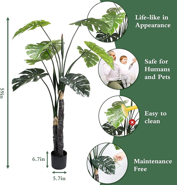 59in Artificial Monstera Deliciosa Trees with Pot, 4.9 Feet Fake Trees for Indoor Outdoor Home, Office Decor