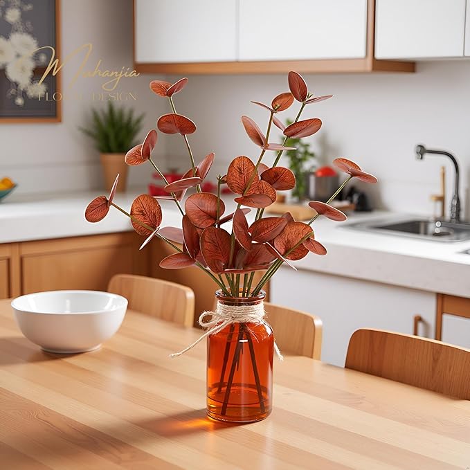Artificial Eucalyptus Stems in Amber Glass Vase with Faux Water,3Pcs Fake Plant with Double-Sided Terracotta Leaves for Centerpiece (Double-Sided Terracotta Eucalyptus)