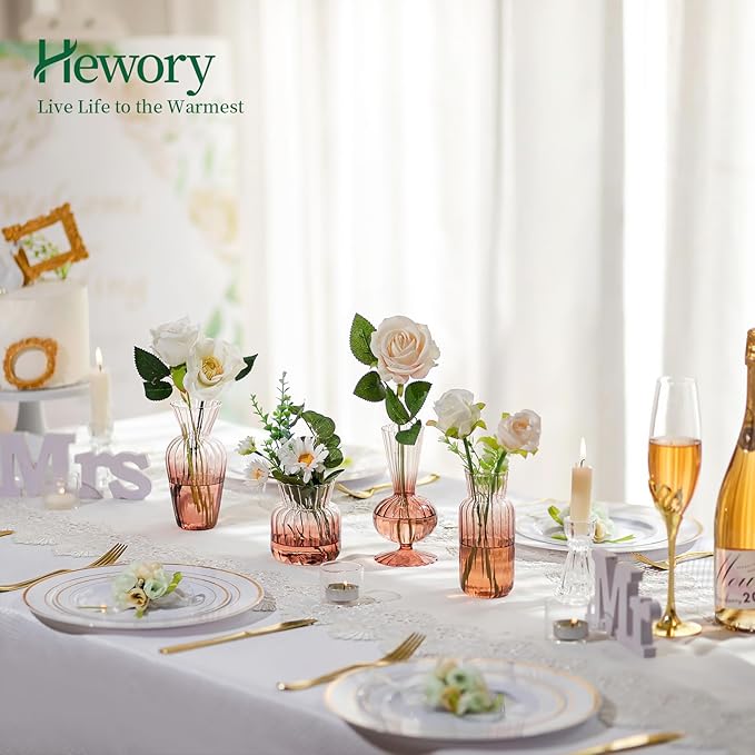 Hewory Small Ribbed Glass Bud Vases Set of 8 Amber Flower Vase Centerpieces - Modern Minimalist Cute Mini Decorative Bulk Vases for Wedding Bridal Shower Birthday Party Events Dining Room Table Decor