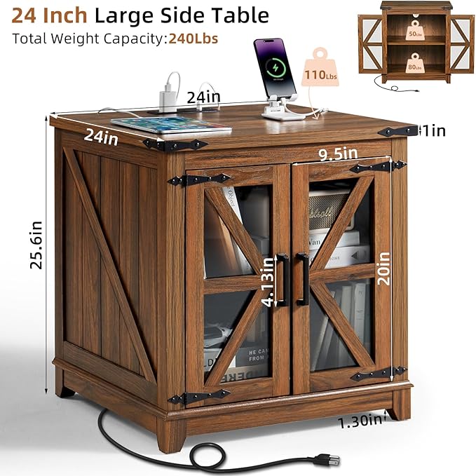 Farmhouse End Table with Charging Station, 24" Large Sofa Side Table with Glass Barn Door, Nightstand with Adjustable Storage Shelf,Wood Square Bedside Table for Living Room,Bedroom