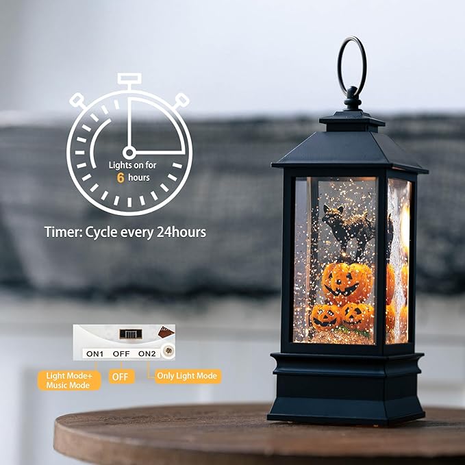 10'' Halloween Snow Globe Lantern Lighted Musical Water Lantern Spooky Pumpkin and Witch' s Black Cat Combo with Swirling Glitter, Battery Operated or USB Powered