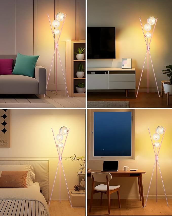 Lightdot Tripod Floor Lamp Dimmable Pink Standing Lamps with Globe Clear Glass Lampshade 3PCS 3000K G9 Bulbs Included Mid Century Modern Floor Lamp for Living Room/Bedroom