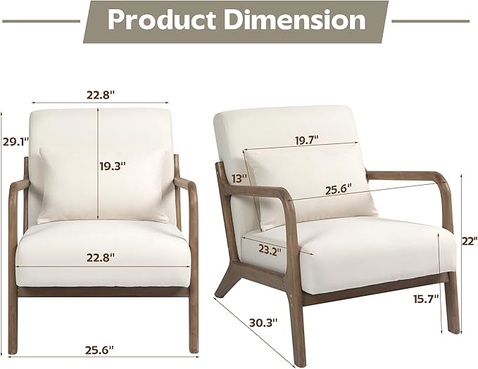 Modern Accent Chair, Cotton Linen Fabric Upholstered Lounge Armchair with Solid Wood Frame for Living Room, Bedroom, Reading Nook (White1)