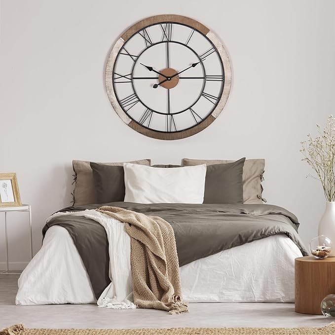 Wall Clock for Living Room Decor, 27.5'' Big Clock for Office, Rustic Wall Clock Battery Operated, Distressed White Roman Numeral Clock, Round, Wood