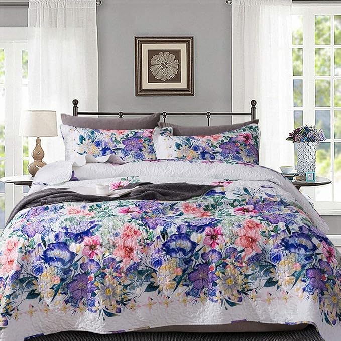 Travan King Quilt Set 3-Piece Bedspread Quilted Oversized Lightweight Microfiber Coverlet Set with Shams Violet Purple Floral Pattern Quilted Bedding Set for All Season, King