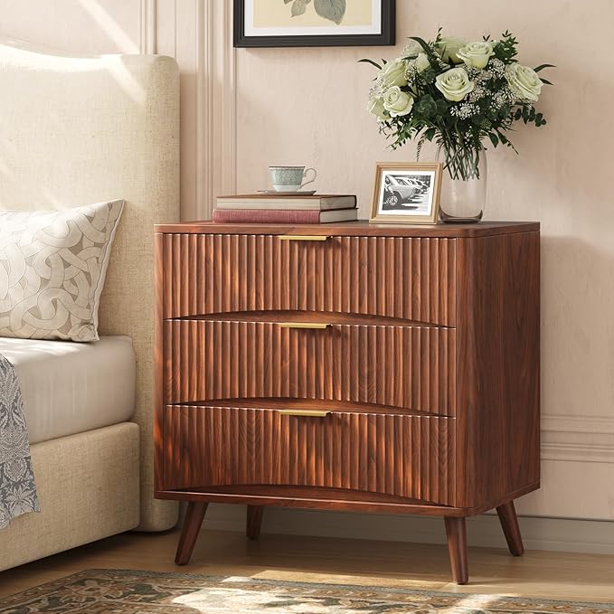 Evermagin 31.5W×29“H Large Fluted Nightstands Set of 2, Mid Century Modern 3 Drawer Night Stand Bedside Table, Small Wood Dresser for Bedroom, End Table with Storage, Walnut
