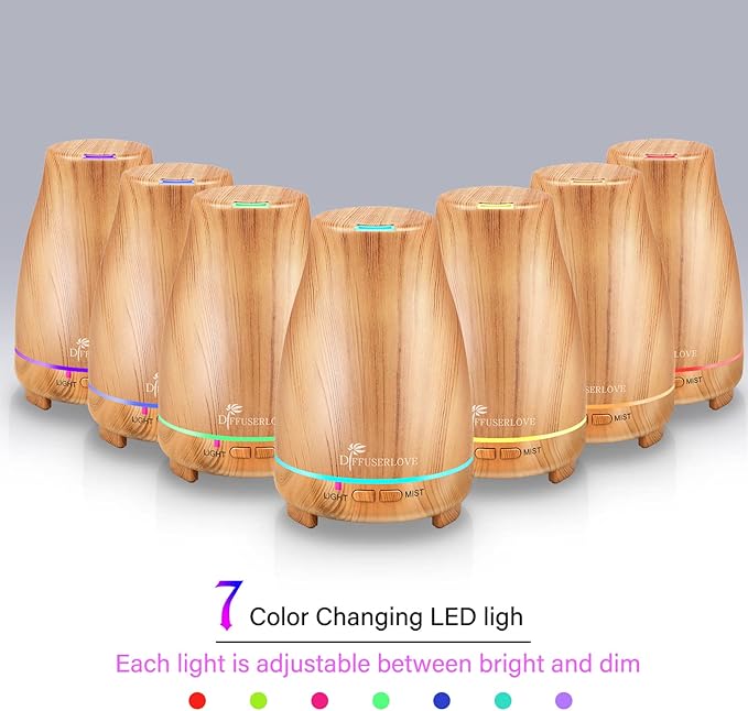 Diffuserlove Essential Oil Diffusers 200ML Diffuser Remote Control Aromatherapy Diffuser with 7 Color Lights, Auto Shut-Off for Bedroom Office Kitchen (Yellow Wood Grain)