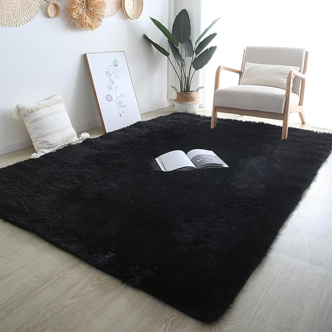 Black Shag Area Rug 9x12 - Large Soft Living Room Bedroom Shaggy Plush Rugs with Rubber Bcaking - Indoor Non-Slip Modern Fuzzy Shaggy Floor Carpet