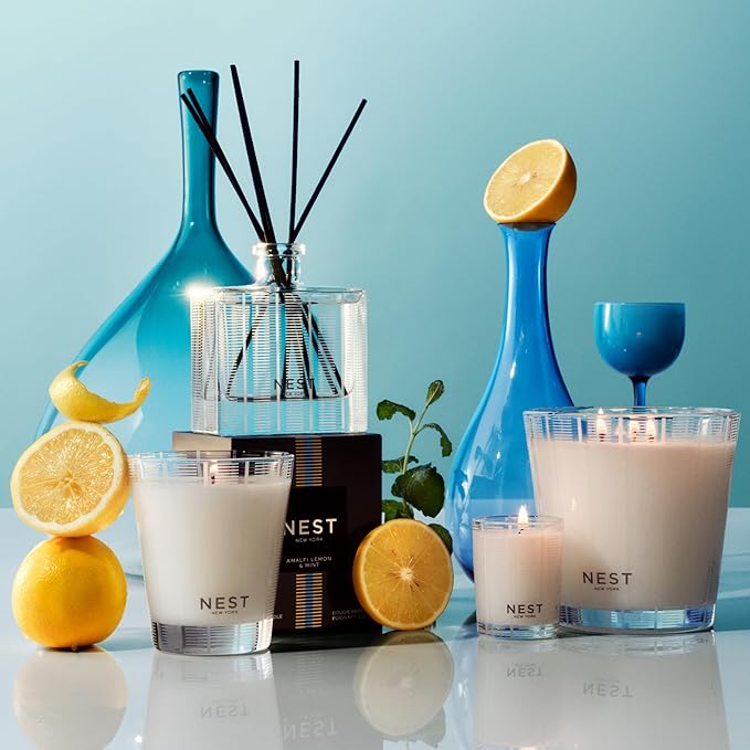 NEST New York Reed Diffuser, Amalfi Lemon & Mint - 5.9 fl oz - Fragrance for Up to 90 Days - Reusable, Refillable Glass Holder - Includes 8 All-Natural Reed Sticks - Flame Free