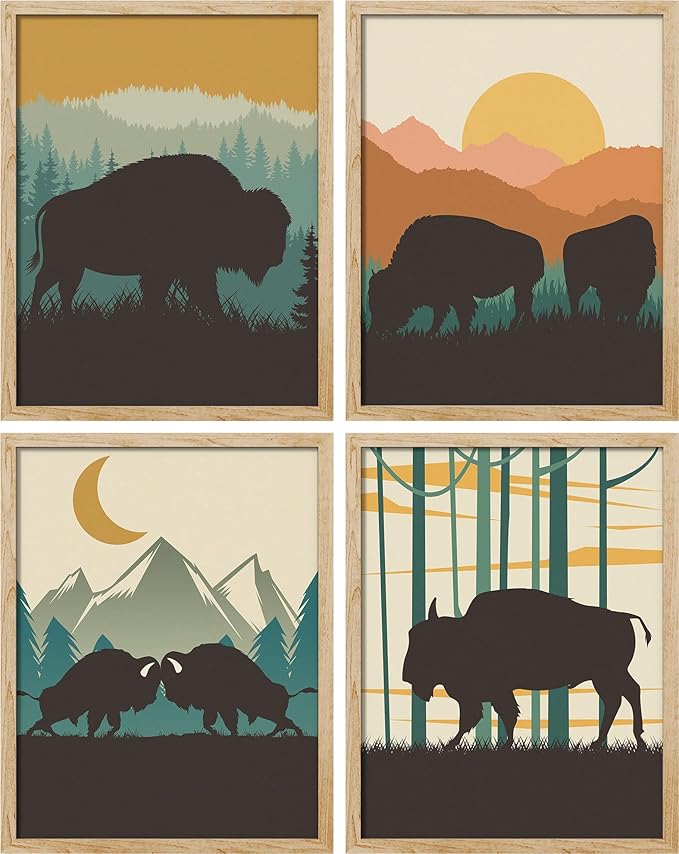 SIGNWIN Poster Bathroom Decor 11"x14"x 4, Wall Art Room Decor Multicolor for Living Room, Bedroom, Office Country Farmhouse Vibrant Bison Silhouette Nature Wilderness Animals Decorative Chic