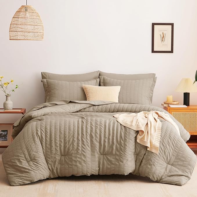 CozyLux Full Size Comforter Sets with Sheets Seersucker 7 Pieces Taupe Bed in a Bag Textured Luxury Soft Bedding Set with Down Alternative Comforter, Sheets, Pillowcases & Shams for All Seasons
