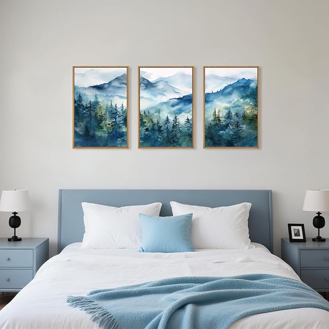 Celestdeco Blue Ridge Mountains Forest Framed Canvas Wall Art Set, Natural Landscape Wall Decor, Green Pine Trees Wall Painting, Woodland Artworks for Living Room, Bedroom, Dining Room - 16"x24"x3