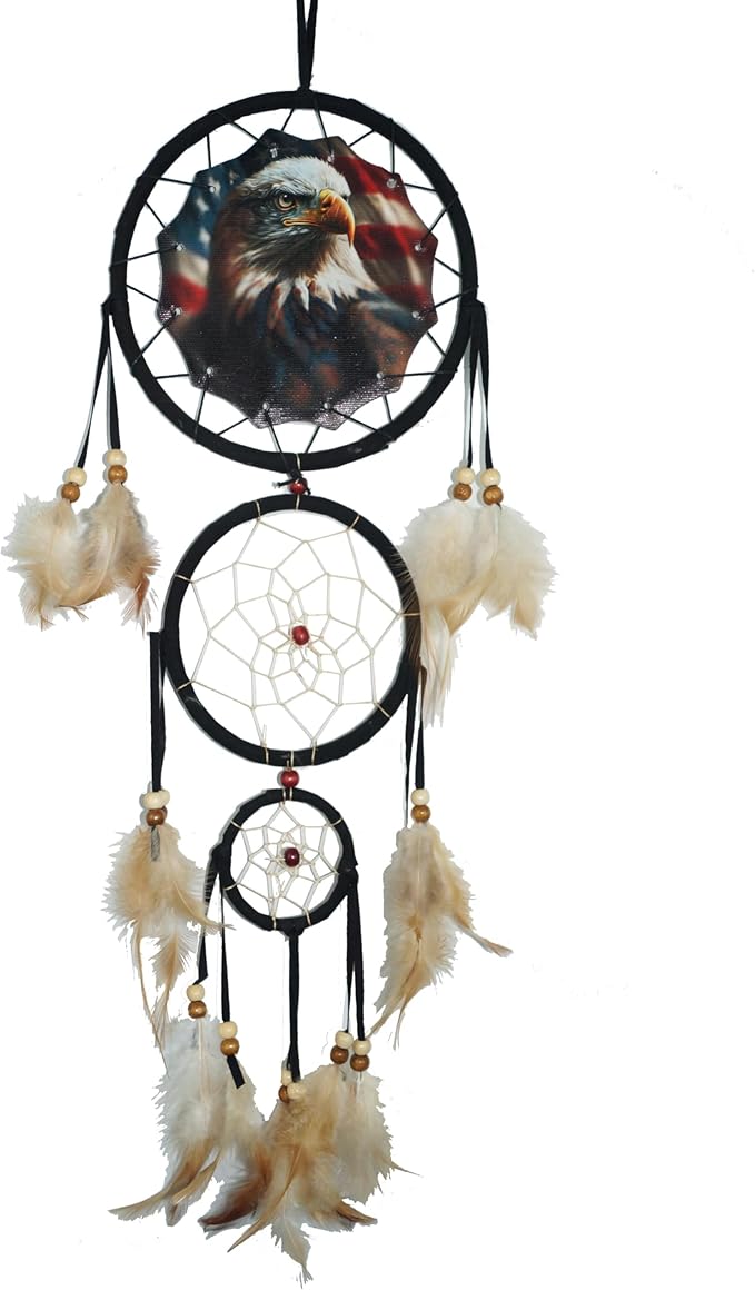 Remorelt Wolf Eagle Bear Dream Catcher Bedroom Wall Decor, Christmas Home Decoration, Room Accessory, White Moon Feather Decoration - Unique Home Craft Wall Pendant (DC14 Eagle W/Flag)
