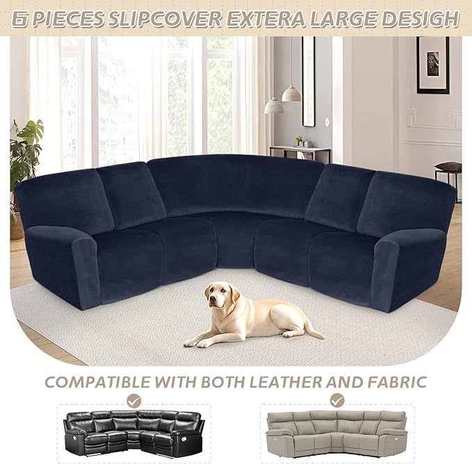 Arfntevss Sectional Recliner Couch Covers Velvet Corner Sectional Sofa Cover for Reclining Couch Stretch Soft L Shape Recliner Slipcover Thick U Shaped Washable Protector (5 Seat Cover, Dark Blue)