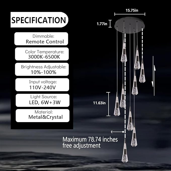 Led Chandelier,9 Light Black Modern Chandelier for High Ceiling Luxury Modern Pendant Light Fixture, Black Modern Led Chandelier for Foyer Dimmable with Remote