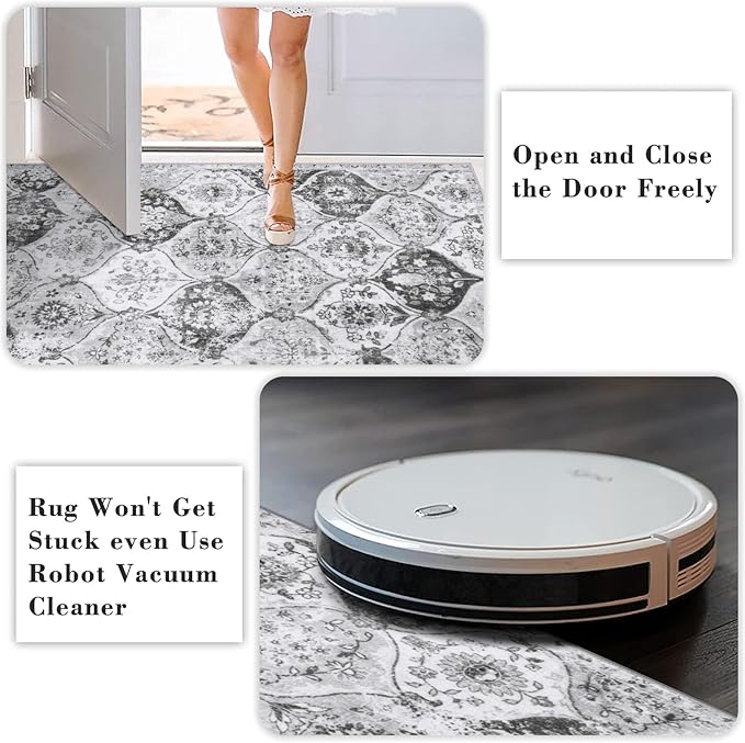 Lahome Moroccan Trellis Washable Small Area Rug, 3x5 Area Rug for Bedroom Living Room, Non-Slip Oriental Accent Throw Carpet for Kitchen Office Entryway Bathroom Office, Silver/Grey