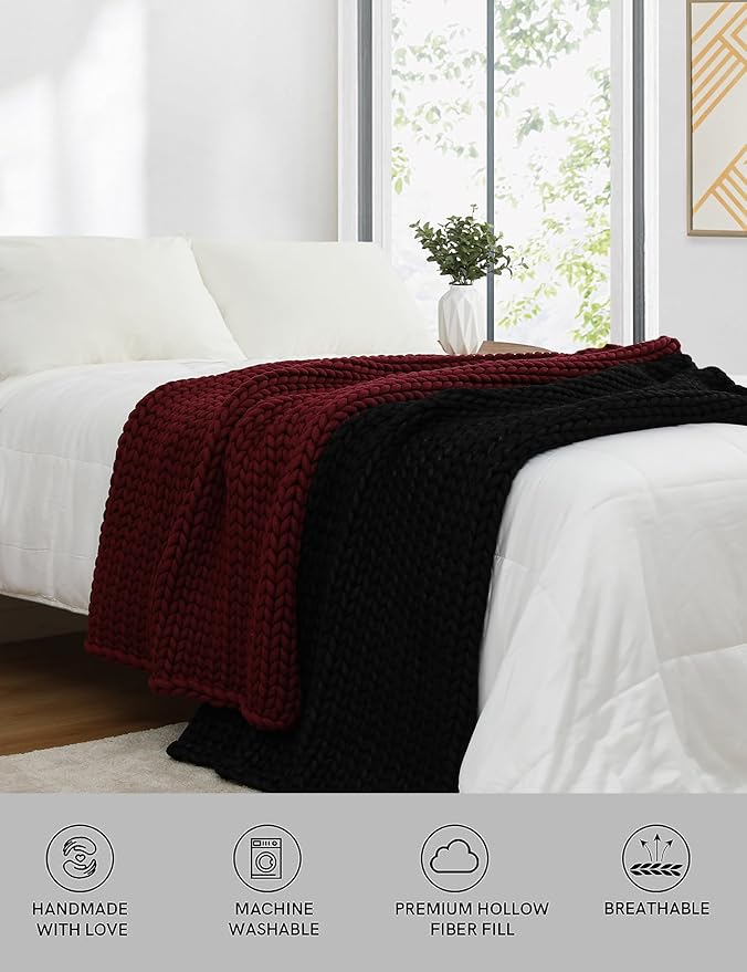 YnM Chunky Throw Blanket, Medium-Weight, Hand Knitted, Skin Friendly, Ventilated and Breathable, Machine Washable, Home Décor Piece for Couch, Sofa and Bed (Black, 60x80 Inch)