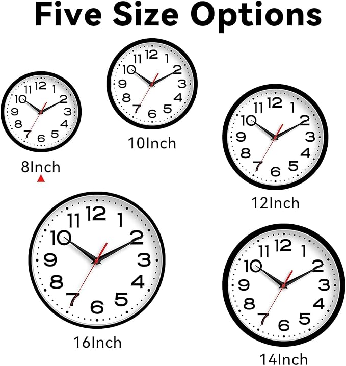 Wall Clock Silent Non-Ticking Modern Clock Battery Operated 8 Inch Small Classic Analog Decorative for Kitchen, Living Room, Office, Bedroom, Bathroom (Black)