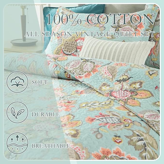 Cotton Bedspread Bedding Coverlet Quilt Sets, Reversible Vintage Branch Floral Bedspread comforters, (Vintage Floral Blue Pattern, King Size)