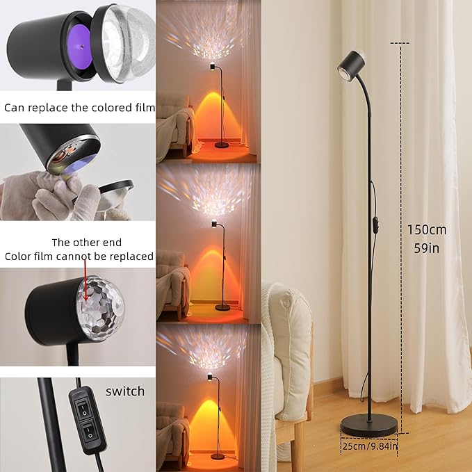 Sunset projection lamp, dual head sunset lamp with water ripple vertical Floor light, replaceable filter 360 ° rotating LED Atmosphere lights 3 color color changing living room sunset floor lamp