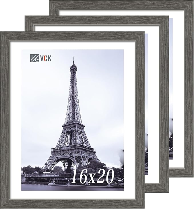 VCK 16x20 Picture Frames for Wall - 3 pack, Grey Natural Solid Wood Frame, Exclusive Wood Grain
