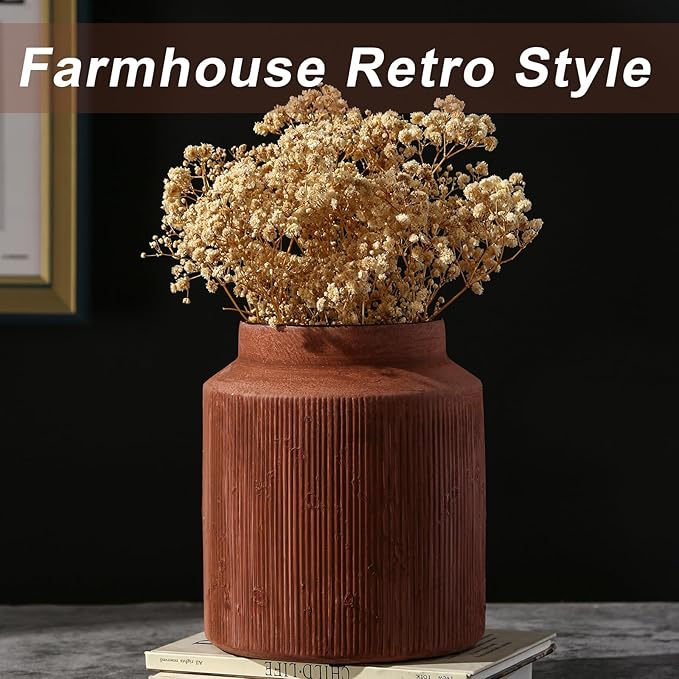 Farmhouse Vase for Home Decor, Vintage Rustic Terracotta Flower Vase Suitable for Home Decor, Living Room, Shelf, Dining Table. Rust Red 7IN.
