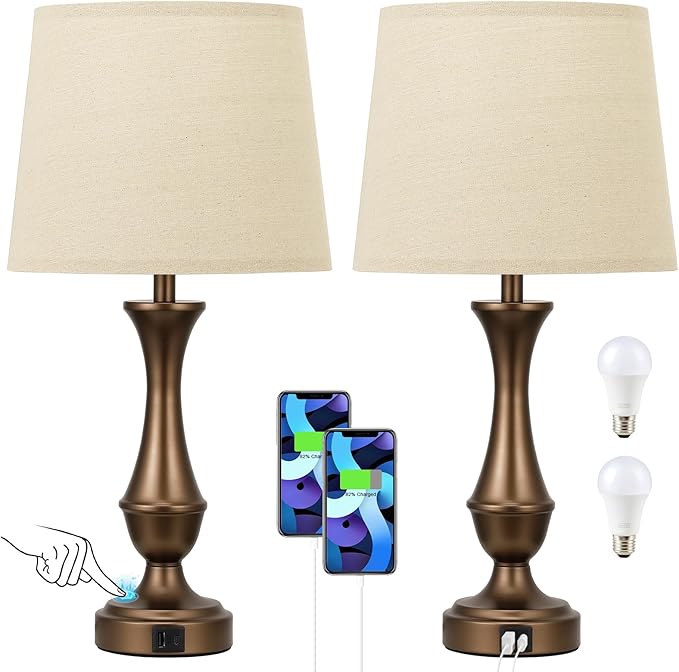Upgraded Touch Lamps for Night Stands Set of 2 - Bedside Lamps with USB C+A, 3 Way Dimmable for Bedroom Living Room End Tables Office(Brown)