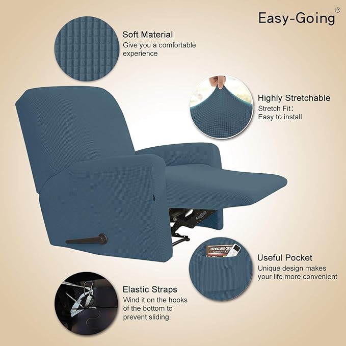 Easy-Going Recliner Stretch Sofa Slipcover Sofa Cover 4-Pieces Furniture Protector Couch Soft with Elastic Bottom,Polyester Spandex Jacquard Fabric Small Checks(Recliner,Bluestone)