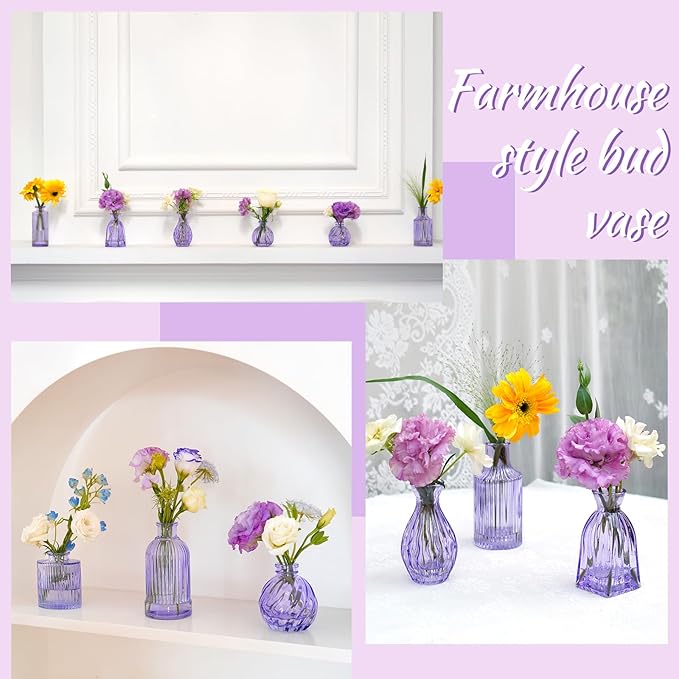 Glass Bud Vases 24 in Bulk, Small Purple Vase Glass Vases for Flowers Modern Ribbed Colored Bud Vase for Decor Wedding Flower Vase in Bulk Vintage Decor Bridal Shower Centerpieces Home Decoration