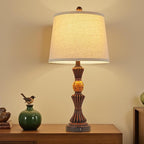 Set of Modern Table Lamps with USB-C & USB Ports, Rotating Knob Switch, Linen Shade + Resin Base Rustic Farmhous (Black Gold/Oil Bronze)