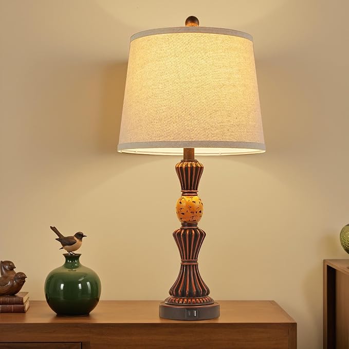 Set of Modern Table Lamps with USB-C & USB Ports, Rotating Knob Switch, Linen Shade + Resin Base Rustic Farmhous (Black Gold/Oil Bronze)