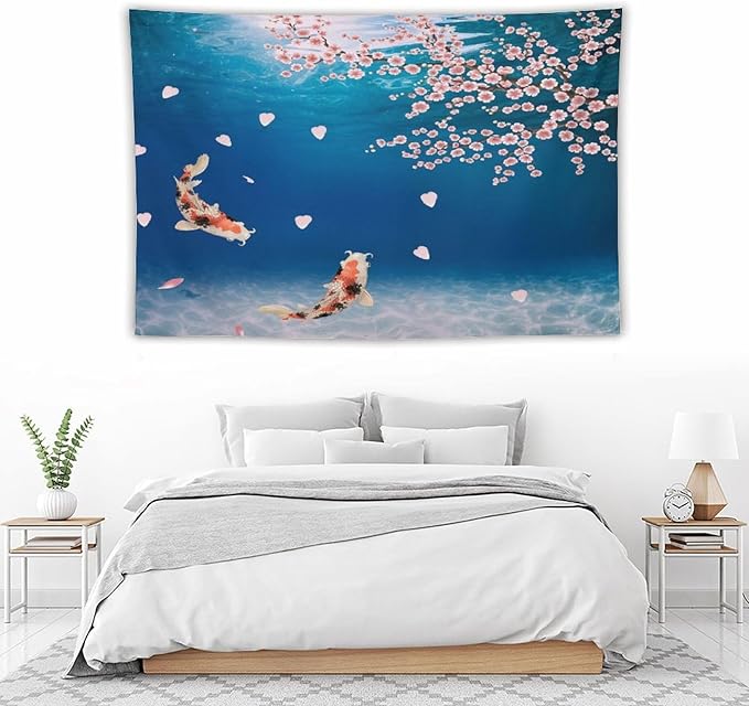 Japanese Koi Fish Tapestry, Cherry Blossoms Asian Oriental Blue Floral Branch Koi Fish Carp Tapestries Wall Hanging for Bedroom Living Room Office Decor 90"x60"
