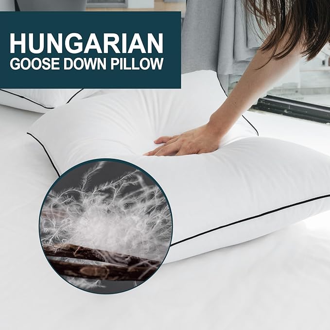 Hungarian Goose Down Pillows Standard Size, White Down Luxury Pillow, Bed Pillows for Sleeping, Pillow for Back, Stomach or Side Sleepers, 2 Pack, Standard (20" x 26")