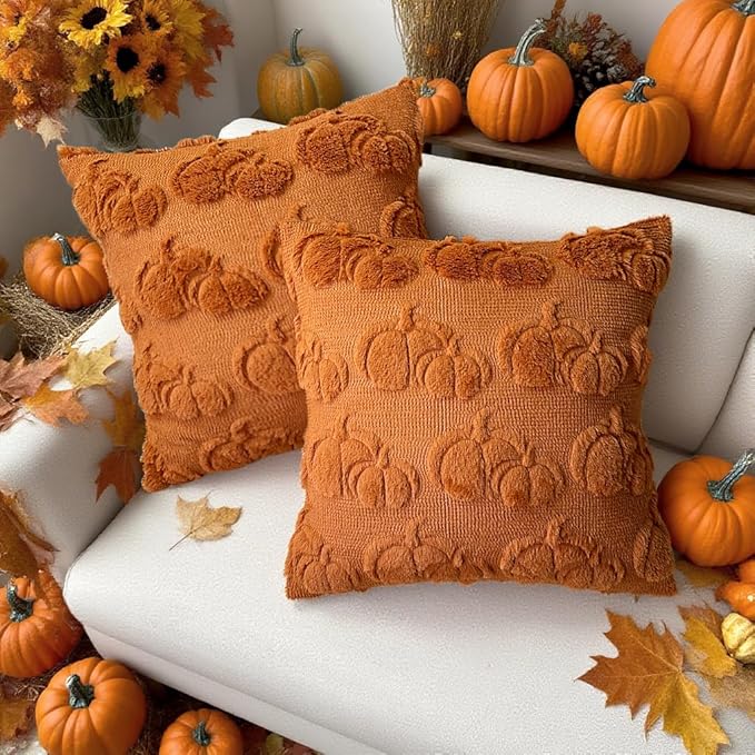 Booque Valley Fall Decorative Pillow Covers Set of 2 Soft Fluffy Faux Fur Wool Rust Pumpkin Throw Pillowcases for Autumn Halloween Farmhouse Home Decor, 20 x 20 inch, Terracotta