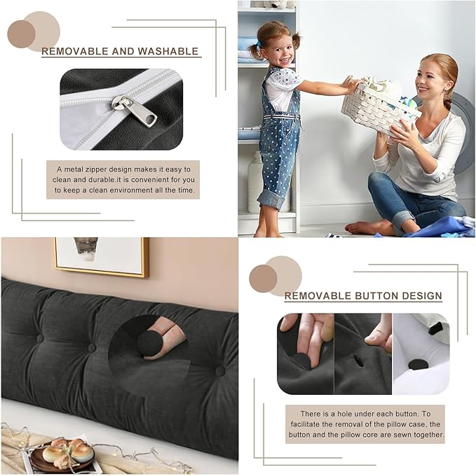 Large Triangular Headboard Pillows Long Backrest Positioning Support Bolster Cushion for Daybed Fluffy Quality Plush Body Wedge Pillow with Removable Cover(Black-Queen-59x8x20in)