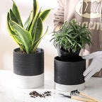 Nihow Ceramic Plant Pot: 6 Inch Planter with Drainage Hole & Saucer for Indoor & Outdoor Plants - Cylinder Round Flower Pot for Succulent/Herbs/Violets - Black & White