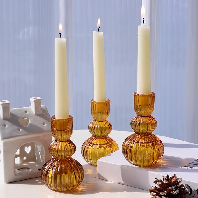 Woho Amber Candlestick Holders Set of 6 4.3" H for Thanksgiving/Fall Decorations, Ribbed Glass Taper Candle Holders Halloween Table Centerpiece, Vintage Candle Sticks Holder Decor for Boho Home Decor