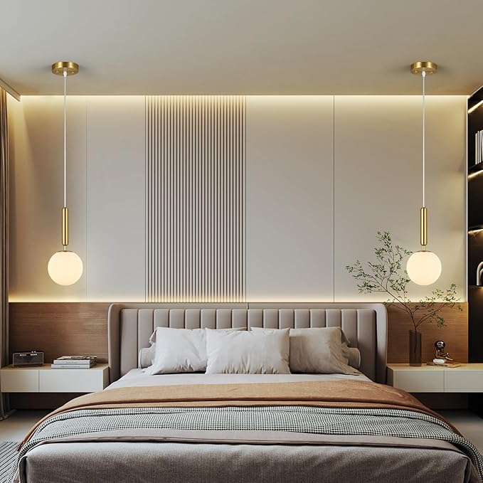 Modern Hanging Light Fixture Pendant Lighting for Kitchen Island Mid Century Gold Pendant Lights with Globe Milky White Glass Pendant Light for Bedroom Bathroom Entryway (2 Pack)