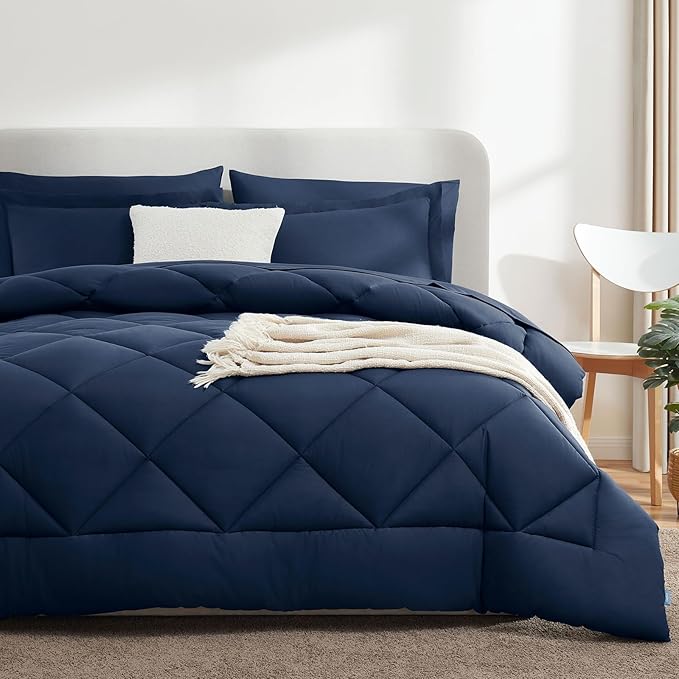 CozyLux California King Comforter Set Navy Blue - Cal King Bed in a Bag 7 Pieces, Luxury Soft Bed Set for All Seasons, Bedding Set with Down Alternative Comforter, Sheets, Pillowcases & Shams
