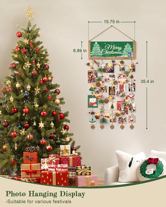 Bikoney Rustic Picture Frames Collage Wall Decor - Happy Birthday Banner Photo Hanging Display for Dorm Room Home with Gift Card Storage and 30 Clips