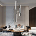 Modern Kitchen Island Dimmable Pendant Light Fixture - Black 108W LED Pendant Lights 6 Rings Rectangular Chandelier for Staircase, Large Ceiling, Lobby, Living Room, Foyer