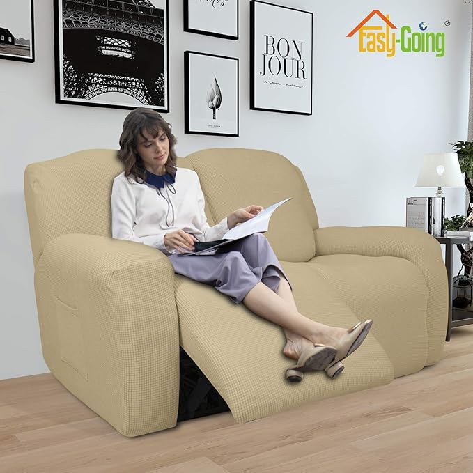 Easy-Going 6 Pieces Recliner Loveseat Stretch Sofa Slipcover Sofa Cover Furniture Protector Couch Soft with Elastic Bottom Kids, Spandex Jacquard Fabric Small Checks Beige
